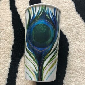 2015 Starbucks White Ceramic w/ Peacock Feather Design Gold Logo 12 FL OZ
